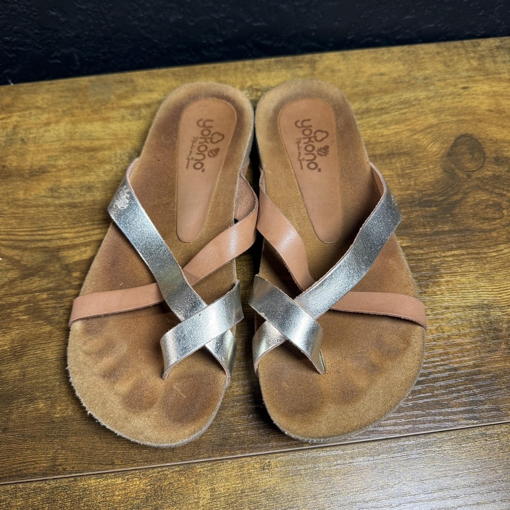 Yokono Ibiza Silver Tan Leather Strappy Slide Sandals Womens Size 6.5